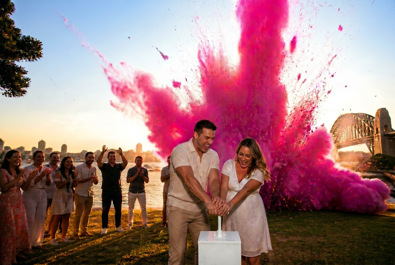 Couple pressing TNT detonator with pink powder exploding over Sydney Harbour